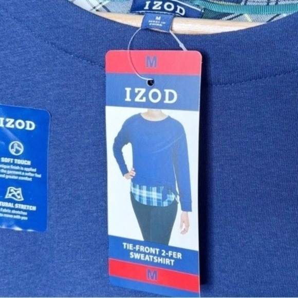 IZOD Womens Peacoat Blue Plaid NWT Layered Look Side Tie Sweatshirt Size M - Picture 6 of 8